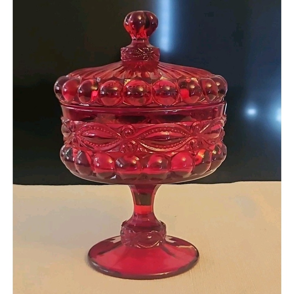 ❤️ Rare Vintage MOSSER GLASS Ruby Red Covered Candy Dish Compote Eye Winker 7"